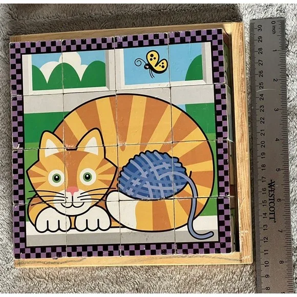 Melissa & Doug Pets Cube Puzzle Wooden Toddler Animals Cat 7” Puzzle With Tray - Picture 2 of 3